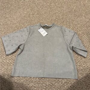ZARA Stud-Embellished Short Sleeve Top - Gray NWT